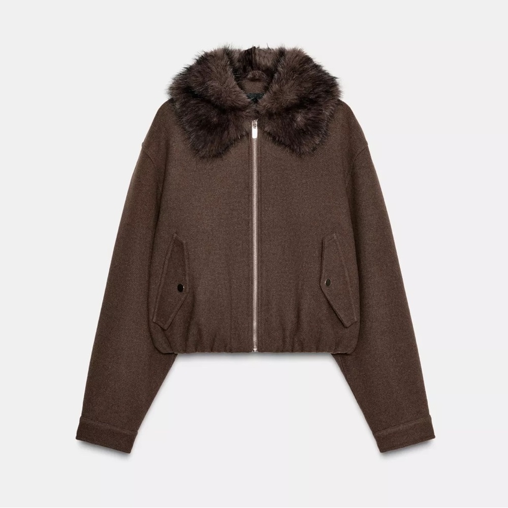 Zara soft faux fur collar bomber jacket in brown size M 6318/274/730